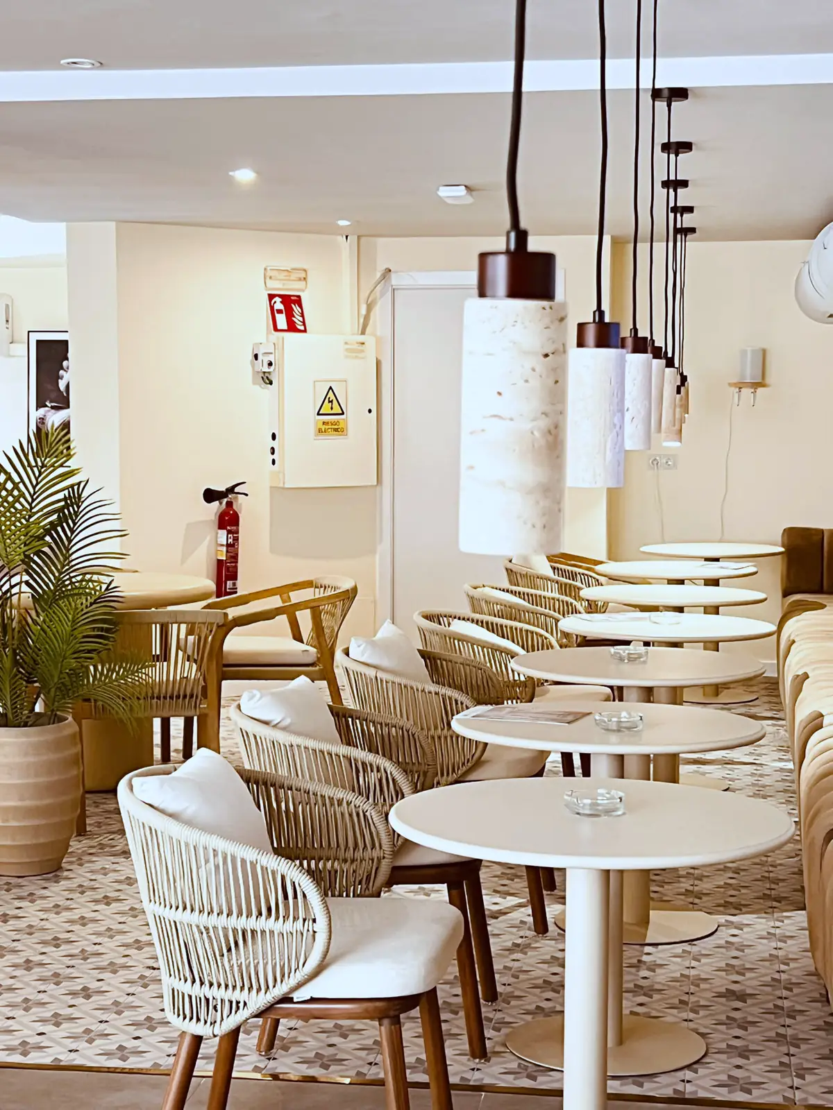 Main room of Lizzy Weed Club, cannabis club in Santa Ponsa, Mallorca: rattan chairs, round tables, hanging lamps and a palm